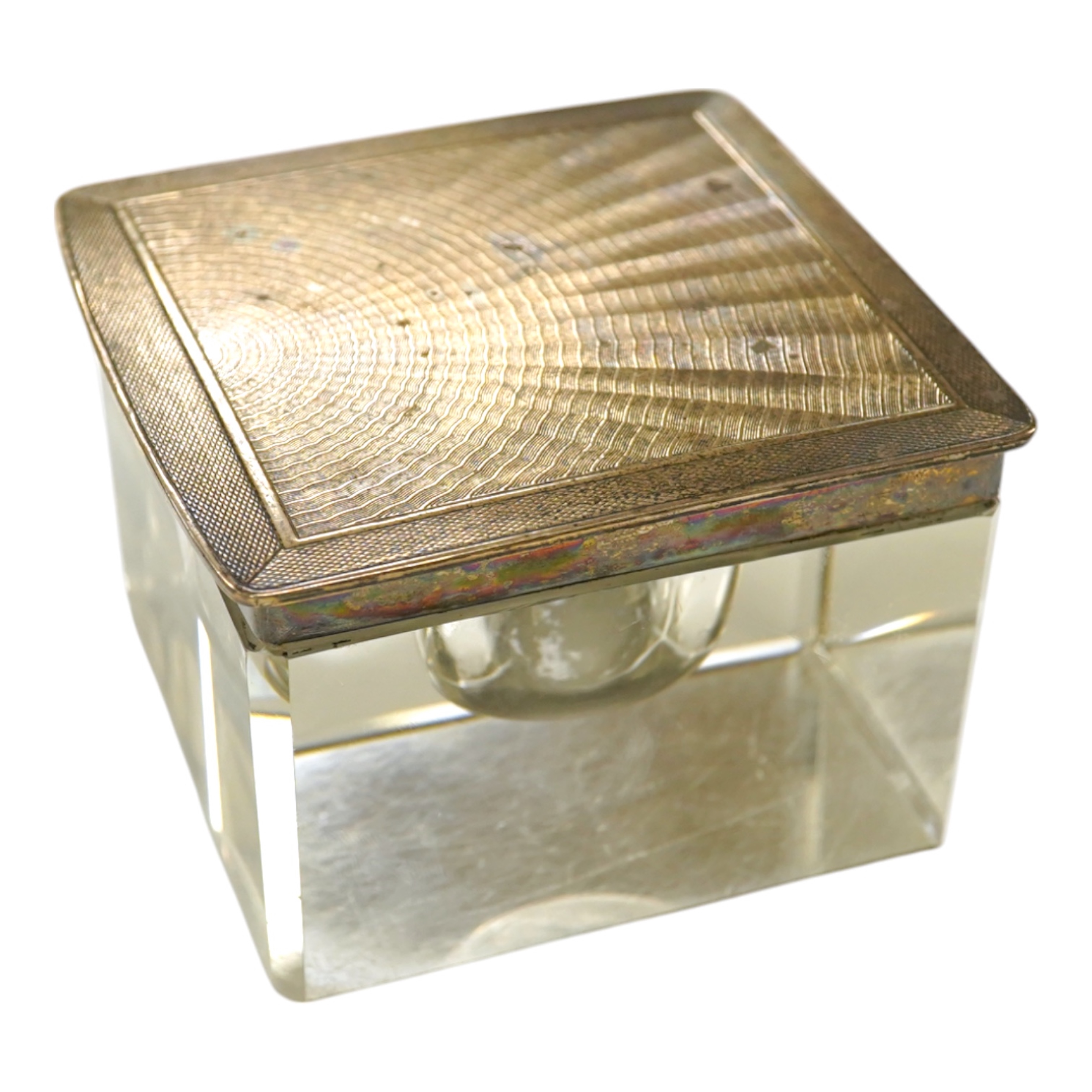 A George V silver lidded glass square inkwell, by Henry Matthews, Birmingham, 1929, width 95mm. Condition - poor to fair